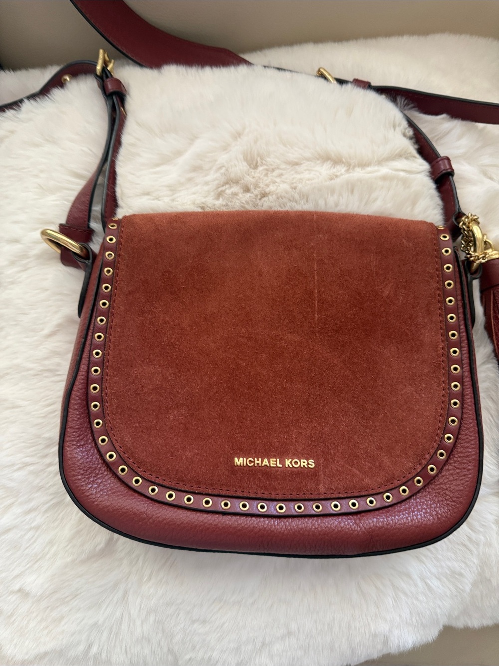 Michael Kors Rust Suede & Leather Crossbody with Gold Hardware